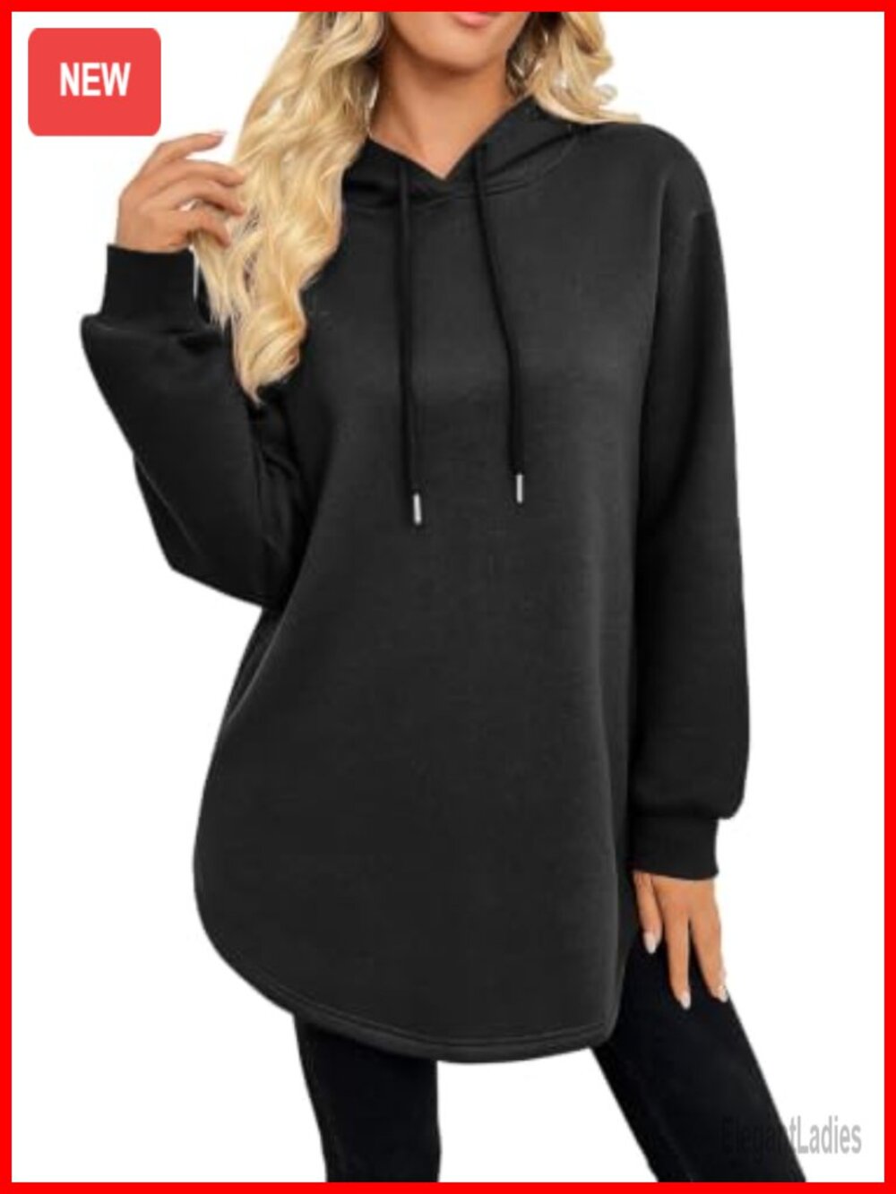 Fleece Tunic Length Pullover Hoodie Drawstring Hooded Sweatshirt
